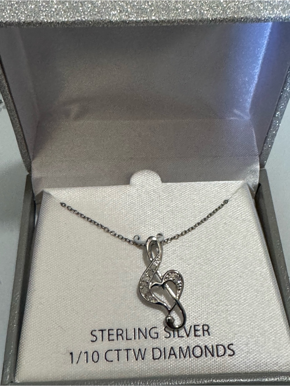 Sterling Silver Treble Clef Heart Pendant Necklace with Diamonds